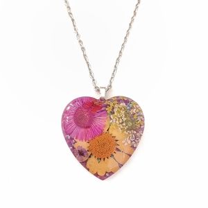 Multicolor flower glitter heart pendant on silver necklace new handmade resin
